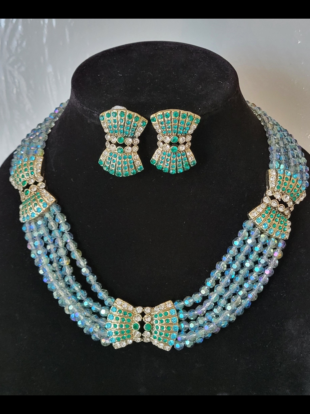 Aurora Crystal Bead Multi-Strand Necklace & Earrings Set - Emerald Accent